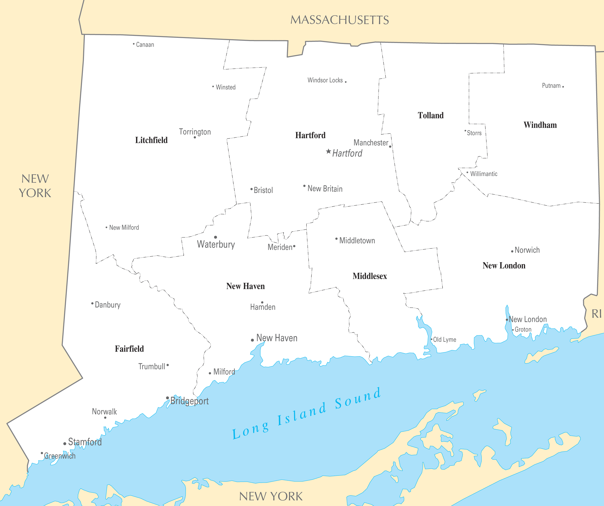 Connecticut State Map With Cities - Map