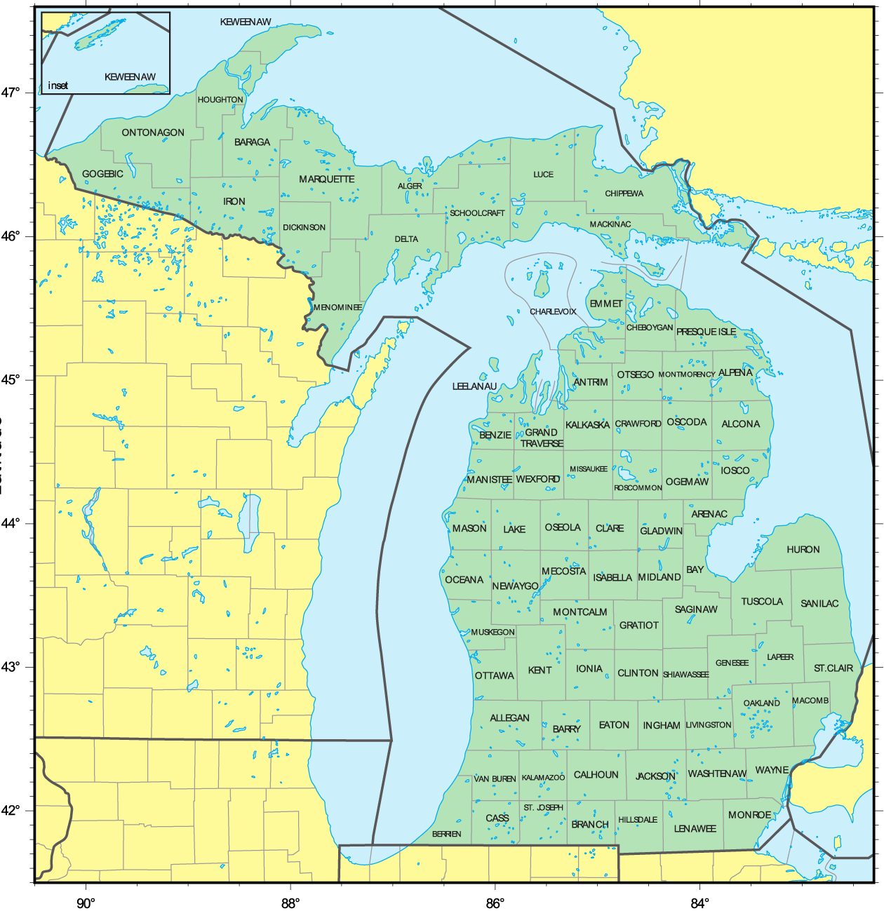 Counties Map of Michigan •