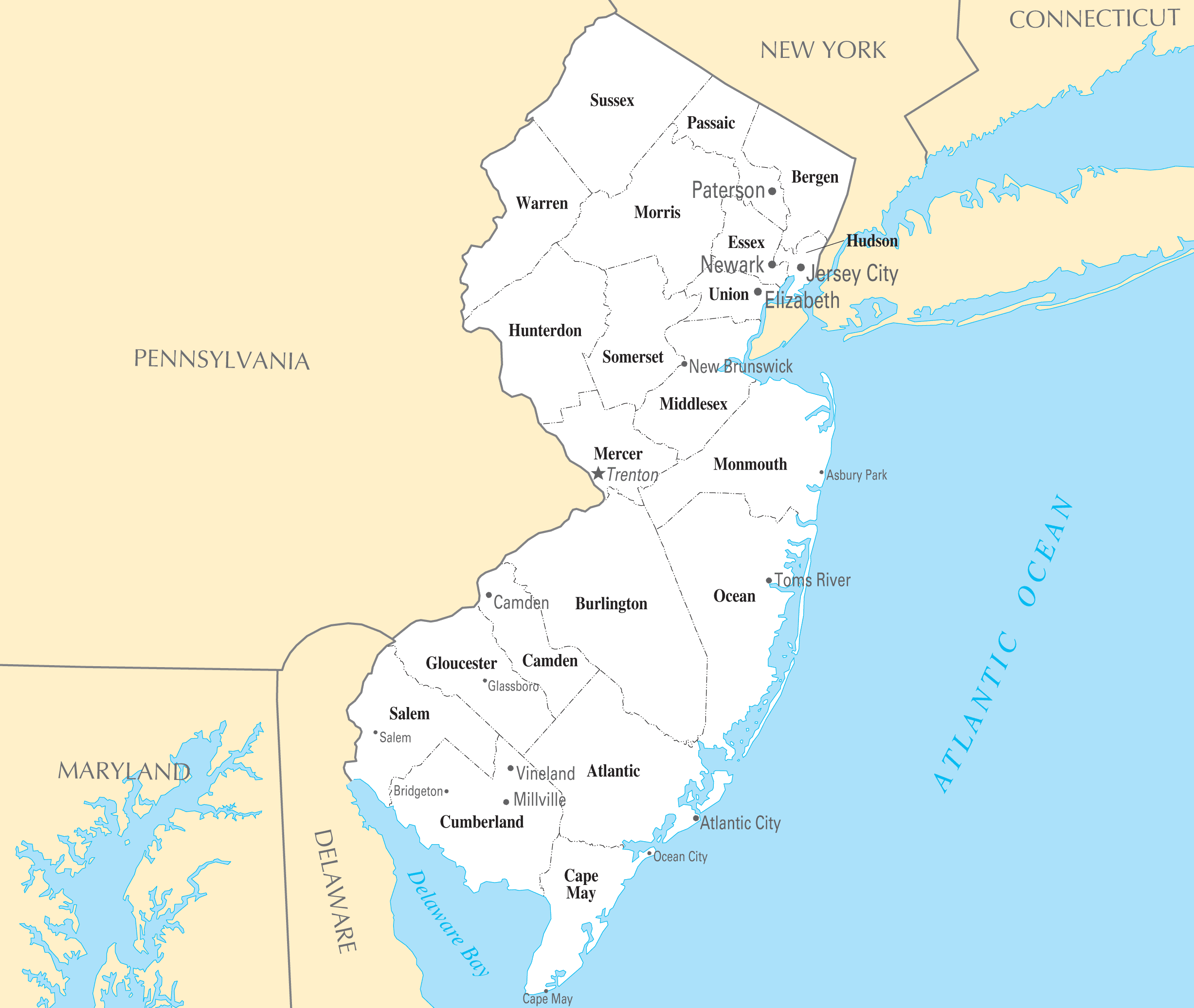 Large Detailed Tourist Map Of New Jersey With Cities And Towns Images