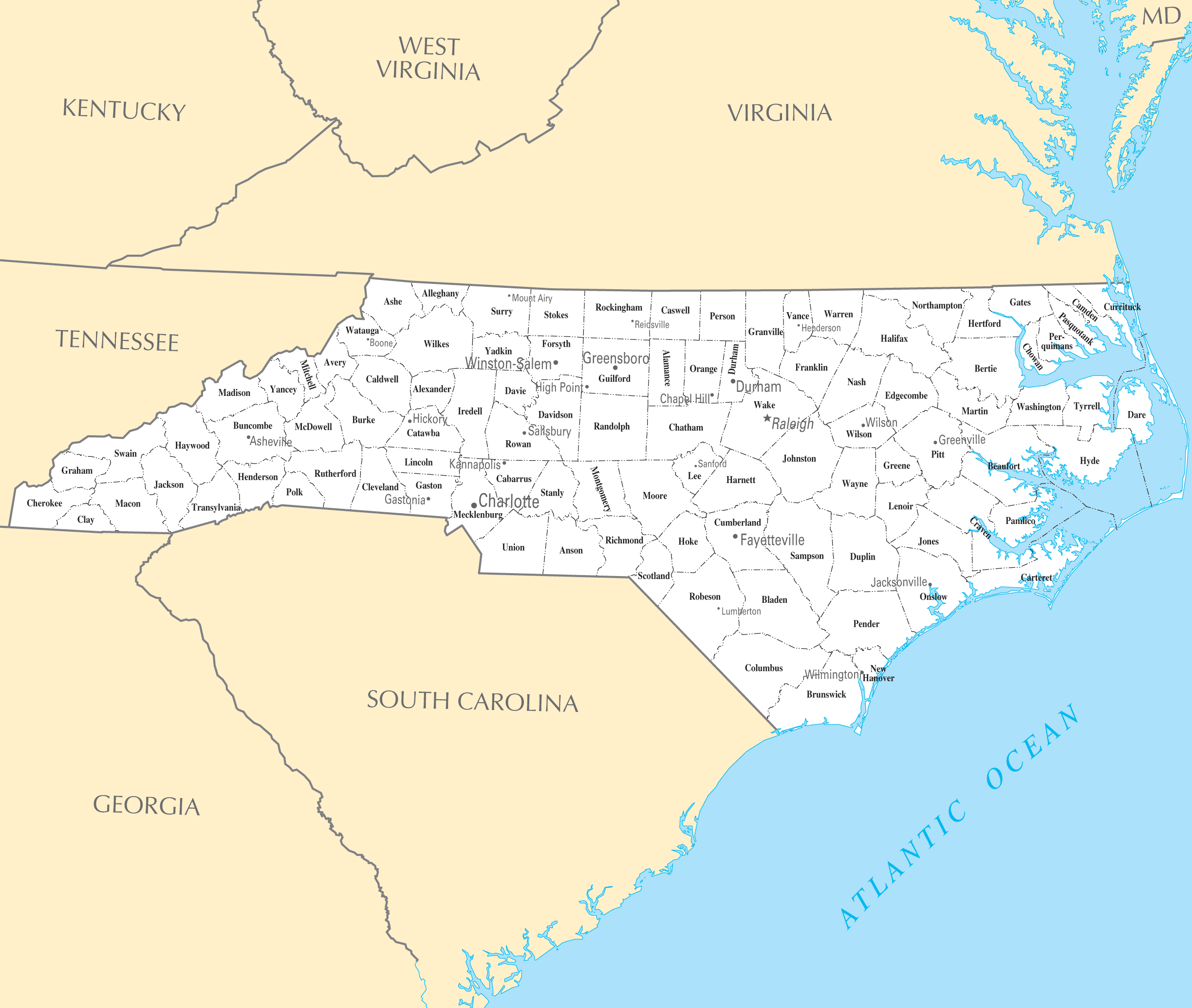 Map Of North Carolina Cities And Towns Map Of The Usa With State Names